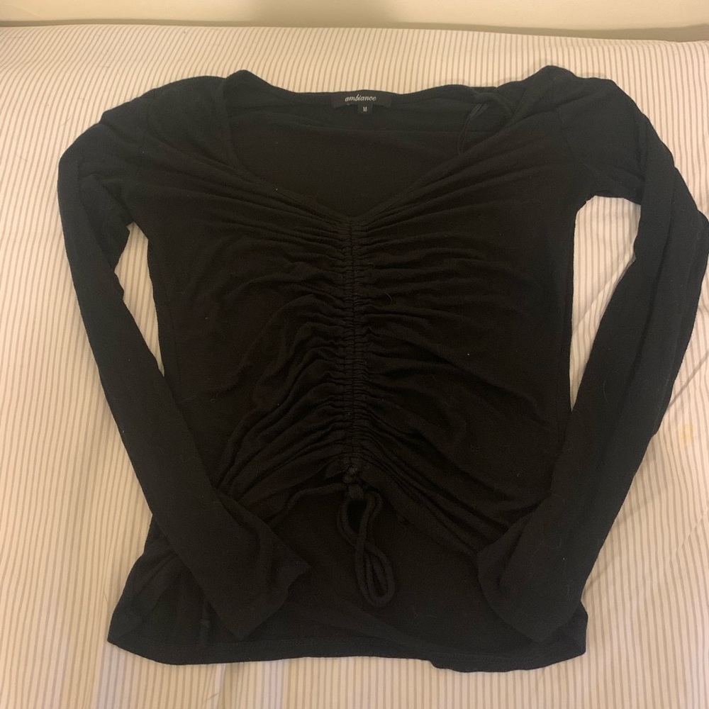 Black Long-Sleeve Drawstring Front Ruched Top - Picture 3 of 3